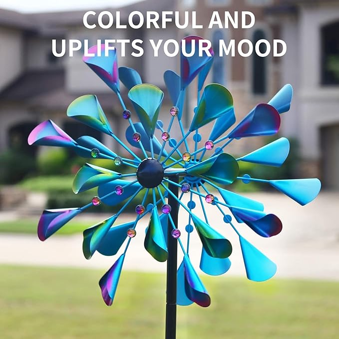 DECOROCA Kinetic Wind Spinners Outdoor - Large Metal Wind Sculptures & Spinners for Yard Patio Lawn Garden Decorations, Windmill Outdoor Clearance with Stable Metal Stake(Peacock-Blue)