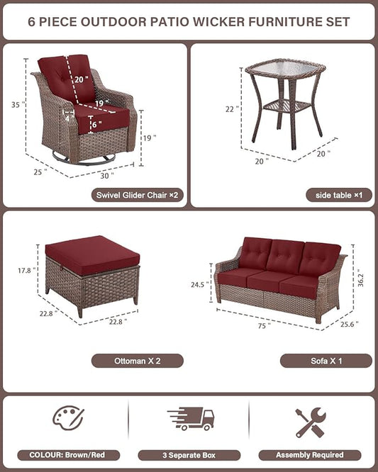 Belord High Back Outdoor Patio Furniture Set - Wicker Outdoor Swivel Rocker Patio Chairs with Sofa and Ottoman, All-Weather Patio Conversation Set for for Patio Deck Backyard