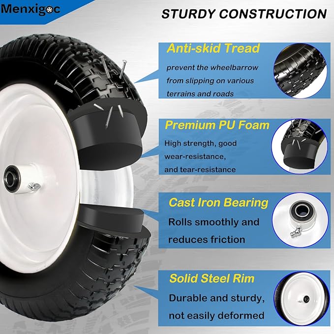 4.80/4.00-8 Tire, 14.5" Tire and Wheel Flat Free, 5/8" Bore Bearing with 3/4" Extra Bearings, 3" Centered Hub - Universal for 4.80-8 4.00-8 4.00-6 3.50/3.00-8 Wheelbarrow Tires