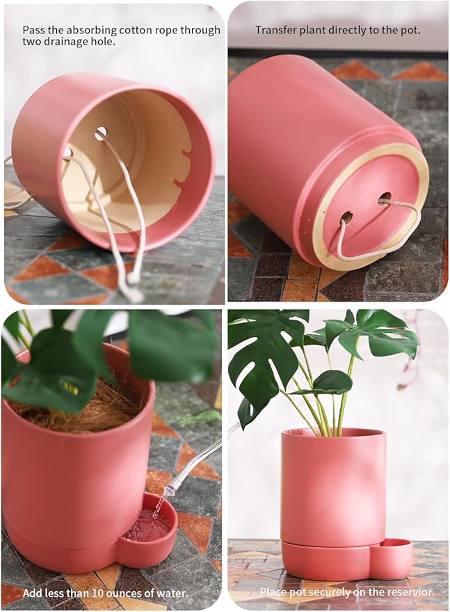 5.5 Inch Ceramic Self Watering Planters with Absorbent Cotton Rope, Cylinder Round Flower Pot for Succulent, Herbs, African Violets, Pink, 1 Pack