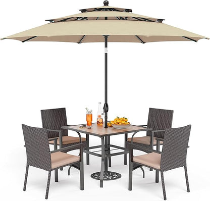 PHI VILLA 5 Pieces Outdoor Dining Set with Umbrella for 4, 37" Square Metal Polywood Table & Cushioned Wicker Rattan Chairs & 10ft Beige Umbrella Furniture for Patio, Deck, Yard, Porch