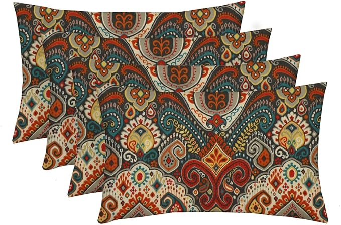RSH Décor: Set of 4 Lumbar Throw Pillows | Indoor/Outdoor All Weather Polyester Fabric | Decorative Accent Cushions for Patio Furniture | Reversible | 20” x 12" | Bohemian Retro Paisley