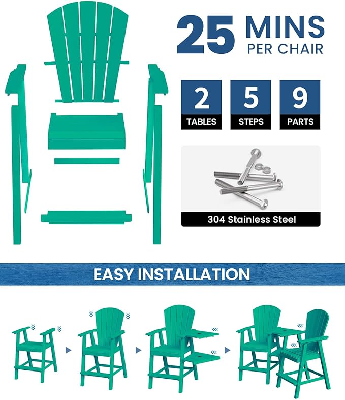 Ciokea Tall Adirondack Chairs Set of 4, HDPE Outdoor Adirondack Bar Stools with Double Connecting Tray, Weather Resistant High Back Adirondack Balcony Chairs for Deck, Lawn, Pool, Backyard, Lake Blue