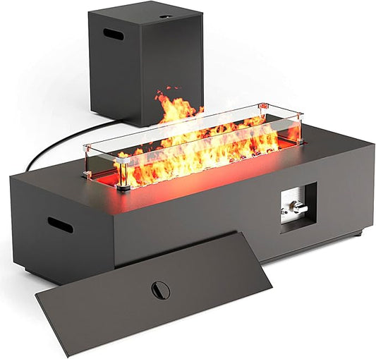 42" Outdoor Fire Pit Table, 50,000 BTU Gas Fire Pit with Glass Windshield, Rocks, Waterproof Cover, Propane Fire Pit Table for Outside Patio (Black, 42 inch)