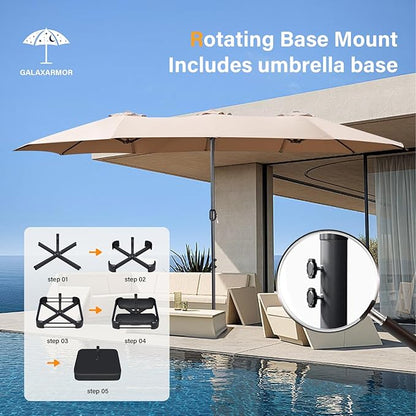 15ft Large Patio Umbrellas with Base Included, Outdoor Double-Sided Rectangle Market Umbrella with Stand, Outside Umbrellas for Poolside Lawn Backyard
