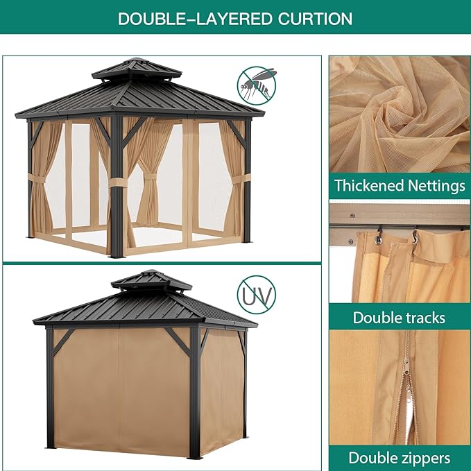 Outdoor Gazebos Canopy 10 x 10 ft Permanent with High Strength Aluminum Frame, Iron Double-Roof, Pavilion with Curtain and Netting for Patio, Lawn, Deck, Garden