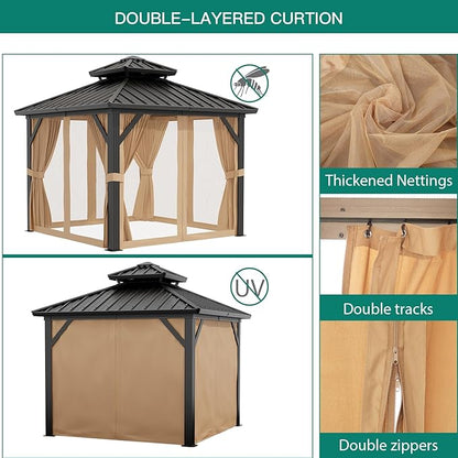 Outdoor Gazebos Canopy 10 x 10 ft Permanent with High Strength Aluminum Frame, Iron Double-Roof, Pavilion with Curtain and Netting for Patio, Lawn, Deck, Garden