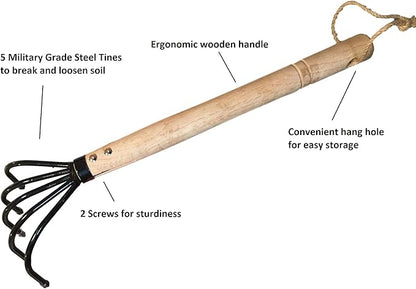 Garden Guru Hand Rake Cultivator Claw Soil Tiller - Military Grade Steel - Rust Resistant - 5 Tine Japanese Ninja Claw - Comfortable Wood Handle - Perfect Pulverized and Aerated Soil (4 Pack)