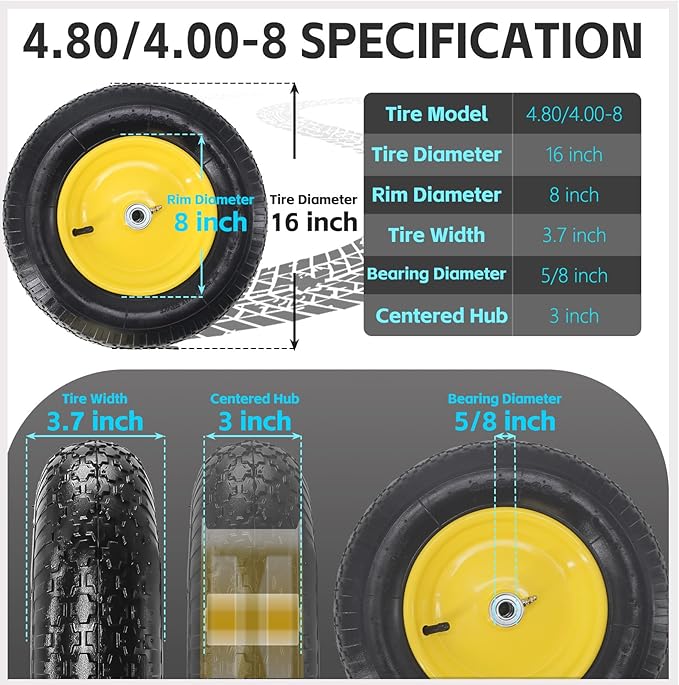 16” Pneumatic Wheelbarrow Tires 4.80/4.00-8" Tire and Wheel with 5/8" 3/4" Bearings 3-7” Centered Hub for Wheelbarrows Garden Trailer Garden Carts Wagon