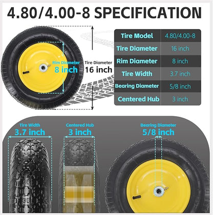 16” Pneumatic Wheelbarrow Tires 4.80/4.00-8" Tire and Wheel with 5/8" 3/4" Bearings 3-7” Centered Hub for Wheelbarrows Garden Trailer Garden Carts Wagon