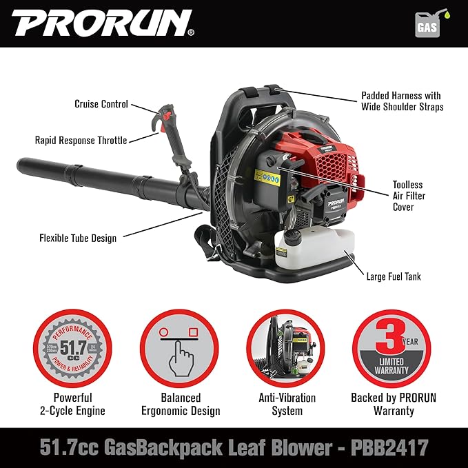 PRORUN 51.7cc 570 CFM 250 MPH Gas-Powered 2-Cycle Backpack Leaf Blower, PBB2417