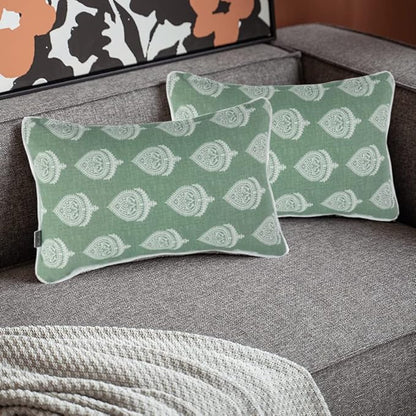 FUNHOME Set of 2 Patio Lumbar Pillows with Insert, 12”x20” Water-Repellent Outdoor Lumbar Pillow, Decorative Garden All Weather Lumbar Cushions for Home Patio Coach Sofa Use-Fair Green