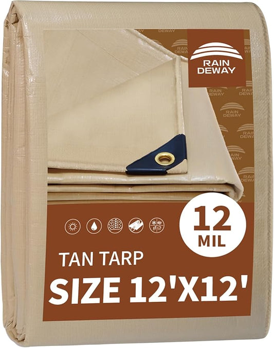 RAINDEWAY 12x12 Feet Heavy Duty Tarp,12 Mil Tan Waterproof Poly Tarp Cover,UV Resistant,Weatherproof,Durable,Multipurpose Tarps with Grommets and Reinforced Edges
