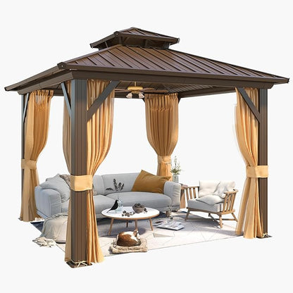 YOLENY 10' x 10' Gazebo Hardtop with Aluminum Frame,Galvanized Steel Double Roof Gazebos with Curtain and Netting,Outdoor Metal Pergolas for Garden, Lawn, Deck, Brown