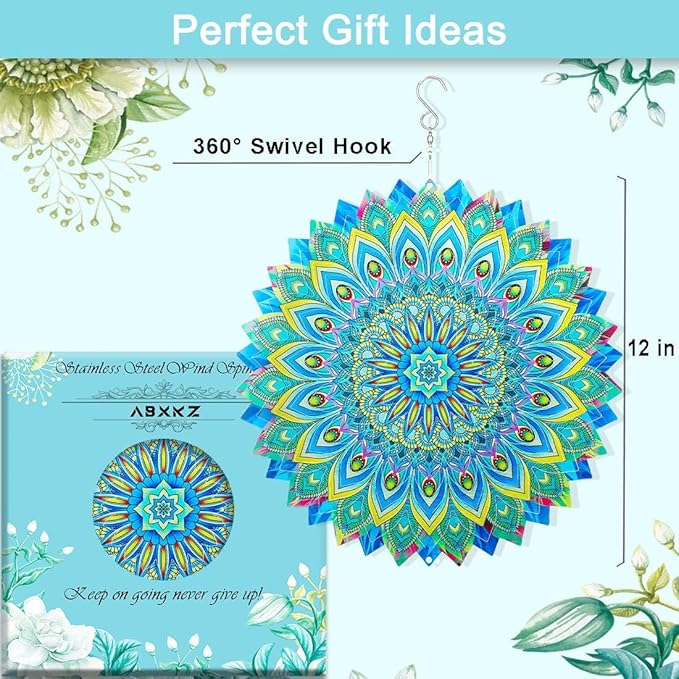 Peacock Wind Spinner,12.1in Green Bird Feather Style Spinner Hanging Ornaments,3D Kinetic Art Garden Sculptures,Sun Catcher Outdoor Metal Large Spinning Yard Decor,Big Craft Decorations for Garden