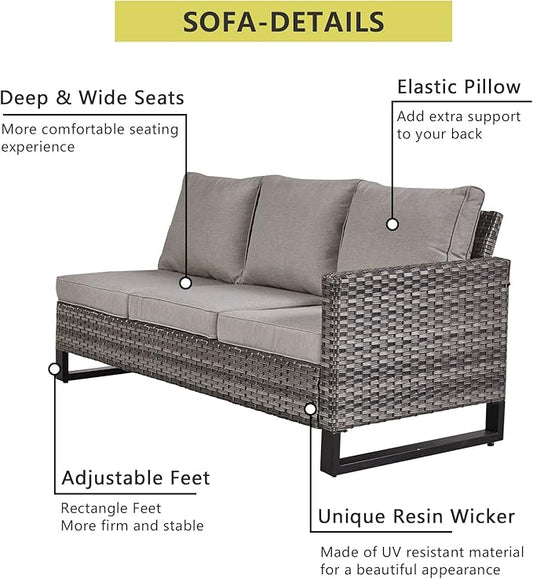 HUMMUH 8 Piece Patio Furniture with Fire Pit,PE Wicker Outdoor Conversation Sets-6-Seater Sofa,Patio Swivel Chairs Outdoor Chairs, Propane Fire Pit,Side Table for Porch,Garden,Backyard