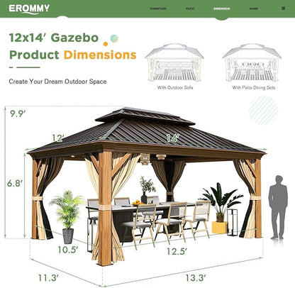 EROMMY 12x14 Gazebo, Wooden Finish Frame Gazebos with Galvanized Steel Roof for Patio & Backyard