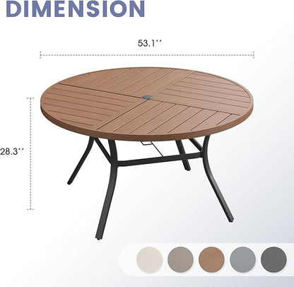 VICLLAX Outdoor Patio Round Dining Table, 54"x 54" Spliced Metal Tabletop for Deck Lawn Garden Backyard, Walnut