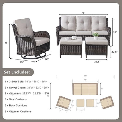 Rilyson 5 Piece Outdoor Patio Furniture Set - Rattan Wicker Patio Conversation Sets with 2 Swivel Rocker Chairs,2 Ottomans and 1 Sofa for Outside Porch Deck Backyard(Brown/Beige)