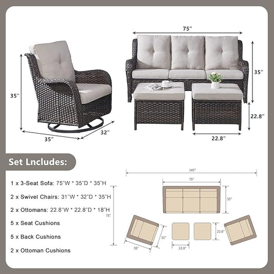 Rilyson 5 Piece Outdoor Patio Furniture Set - Rattan Wicker Patio Conversation Sets with 2 Swivel Rocker Chairs,2 Ottomans and 1 Sofa for Outside Porch Deck Backyard(Brown/Beige)