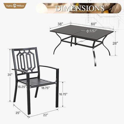Sophia & William Patio Dining Set Metal Outdoor Table and Chairs Furniture Set 7 Piece, Large 60.2" Dining Table with Umbrella Hole and 6 Backyard Garden Chairs Support 300LBS for Deck, Lawn, Garden