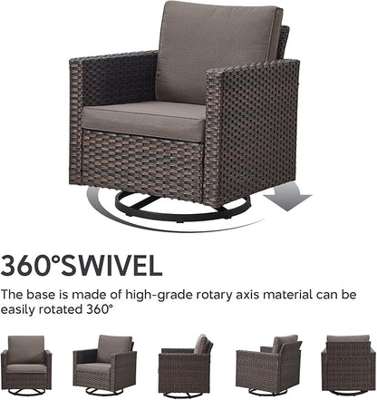 9 Piece Wicker Patio Furniture Set - Outdoor Swivel Rocker Chairs Set with Coffee Table, Rattan Chairs, 3 Seat Sofa & Ottomans, Patio Conversation Sets for Bcakyard Deck - Brown/Grey