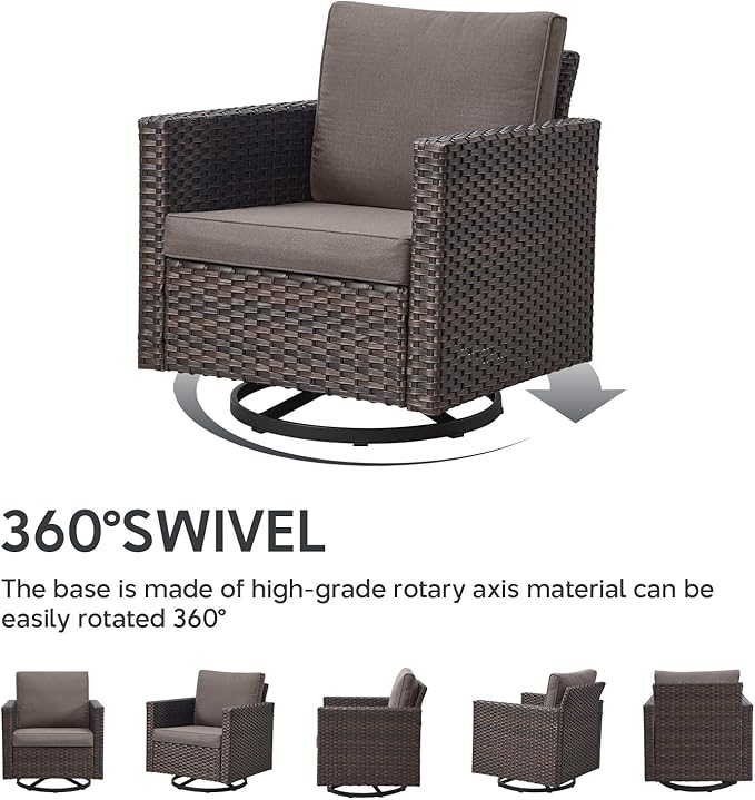 7 Piece Wicker Patio Furniture with Fire Pit Table - Outdoor Conversation Set with 50,000 BTU Fire Pit, All Weather Rattan Patio Set for Deck Backyard Garden - Brown Wicker Grey Cushion