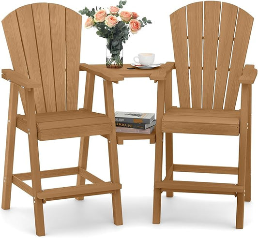 Ciokea Tall Adirondack Chairs Set of 2, HDPE Outdoor High Back Adirondack Chair with Double Connecting Tray, Weather Resistant Balcony Chairs for Deck, Lawn, Pool, Backyard, Teak