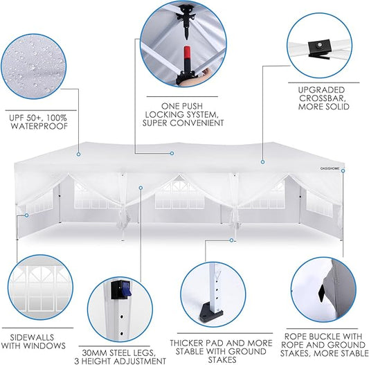 OASISHOME 10'x30' One Push Setup Pop-Up Canopy Tent with 8 Removable Sidewalls,Carry Bag,Waterproof Commercial Gazebo for Weddings/Outdoor Events, Heavy-Duty Frame(White, 10x30(One Push Setup))