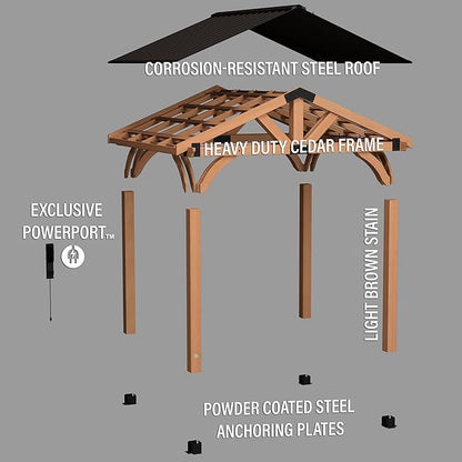 Backyard Discovery Arlington 12' x 10' Cedar Wood Outdoor Gazebo Pavilion with Hardtop Galvanized Steel Peak Roof, Snow Support, Wind Resistance, PowerPort, Shade for Garden, Patio, Deck, Entertaining