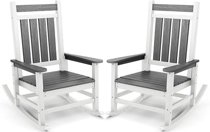 SERWALL Outdoor Rocking Chair Set of 2, HDPE Rocking Chairs for Adult, All Weather Porch Rockers for Lawn Garden, Gray & White