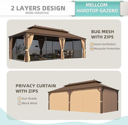 MELLCOM 12' x 24' Hardtop Gazebo,Galvanized Steel Metal Double Roof Aluminum Frame with Curtain and Netting,Brown Permanent Pavilion Gazebo with Aluminum Frame for Patios,Gardens,Lawns