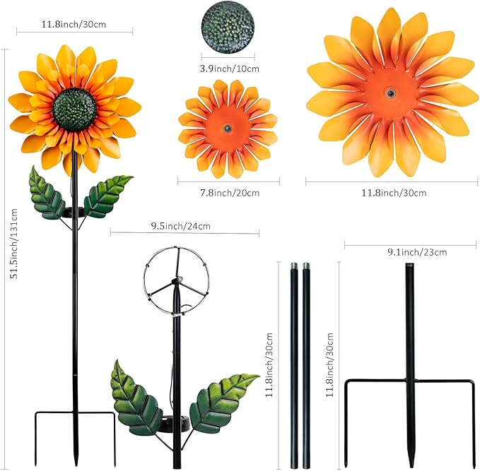 Sunflower Solar Wind Spinners for Yard and Garden - 52" Metal Windmill Ligths with LED Wind Sculptures with Stake for Lawn Patio Decor