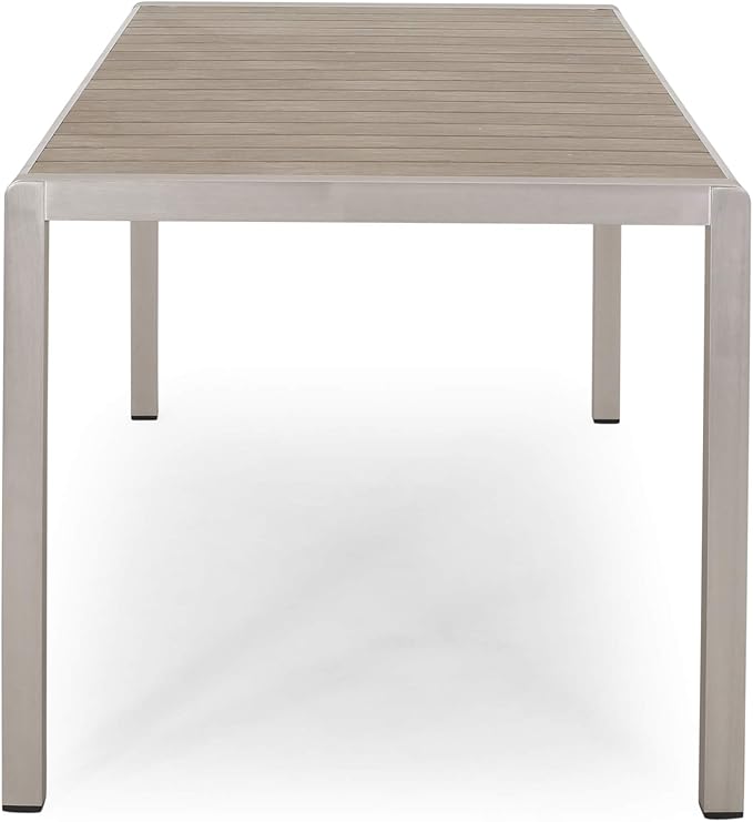 Great Deal Furniture Hannah Outdoor Modern Aluminum Dining Table with Faux Wood Table Top, Natural and Silver
