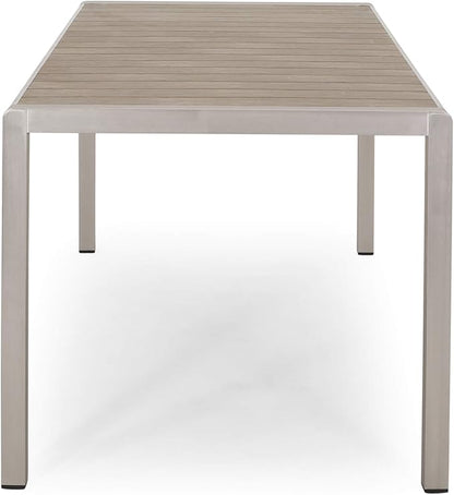 Great Deal Furniture Hannah Outdoor Modern Aluminum Dining Table with Faux Wood Table Top, Natural and Silver