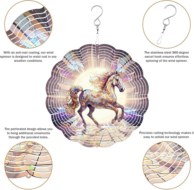 Horse Wind Spinner, 3D Hanging Stainless Steel Garden Spinner, Wind Spinner Hanging for Outdoor & Indoor Décor, Unique Gifts for Yard Garden Decoration or Patio Décor (Horse)