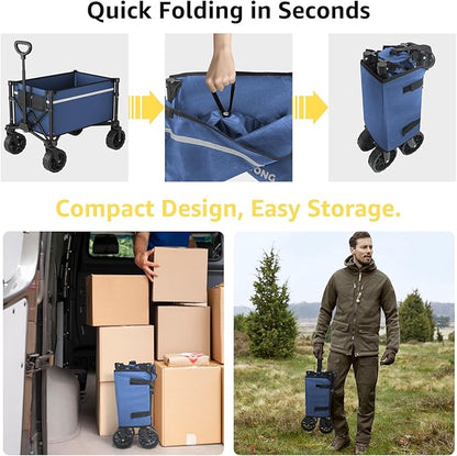 Navy Collapsible Wagon Cart with Wheels Foldable - Folding Utility Heavy Duty Wagons Carts for Grocery Sports Garden Shopping Camping