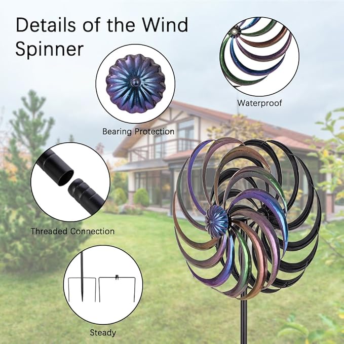 DREAMYSOUL Wind Spinner Outdoor, 13 Inches Dia Rainbow Metal Kinetic Wind Spinners, Dual Wind Spinners for Yard Garden Outside Patio Lawn Decor