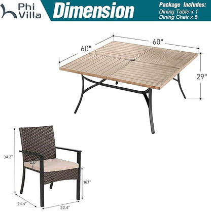 PHI VILLA 9 Pieces Patio Dining Set for 8, 60” Wood-Like Large Square Metal Steel Dining Table & Rattan Wicker Chairs with Cushions, Outdoor Dining Furniture for Deck, Yard, Porch