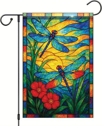 Spring Summer Dragonfly Stained Glass Garden Flag 12x18 Inch Vertical Double Sided Vibrant Outdoor Decor for Yard Lawn Patio Garden Flag for Seasonal Home and Garden Decoration