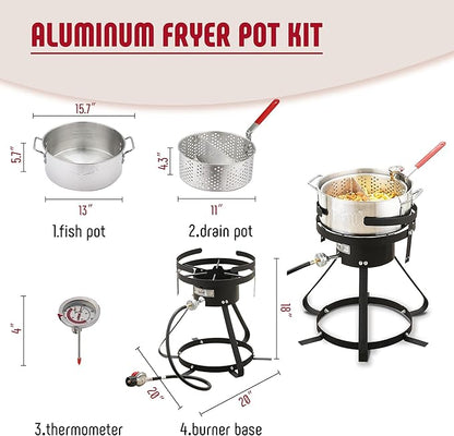 10 Qt Aluminum Outdoor Propane Gas Fish Fryer Pot Kit with Strainer Basket, 50,000 BTU Burner, Adjustable 0-5 PSI Regulator, Perfect for Boiling and Frying
