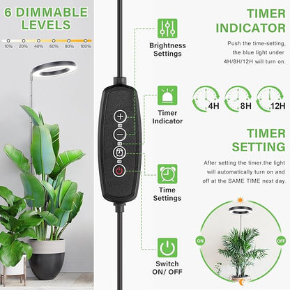 LORDEM Grow Light for Indoor Plants, 7.9" Full Spectrum LED Plant Grow Light, Height Adjustable Growing Lamp with Auto Timer 4H/8H/12H, 6 Dimmable Levels, Ideal for Large Tall Plants, 2 Packs, Black