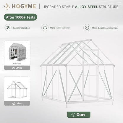 6x8 FT Greenhouse for Outdoors, Polycarbonate Green House with Quick Assembly Structure and Roof Vent, Large Aluminum Walk-in Green House for Outside Garden Backyard, Silver
