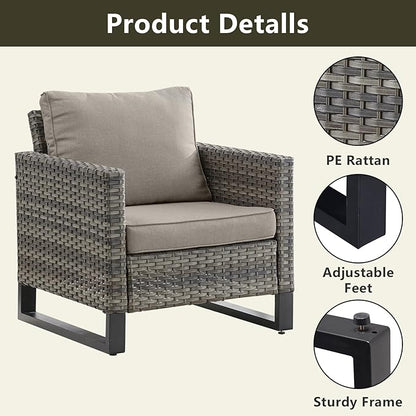 Wicker Outdoor Patio Furniture Set - 5 Piece Patio Conversation Set with 2 Wicker Armrest Chairs,2 Rattan Ottoman and 1 Metal Side Table for Outside Porch Deck Backyard Garden(Mixed Grey/Grey)