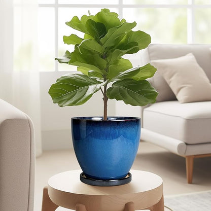 Ceramic Planters for Indoor Plants - 6.8 Inch Plant Pot with Drainage Hole and Saucer Round Modern Planter Home Garden Patio Decor Blue