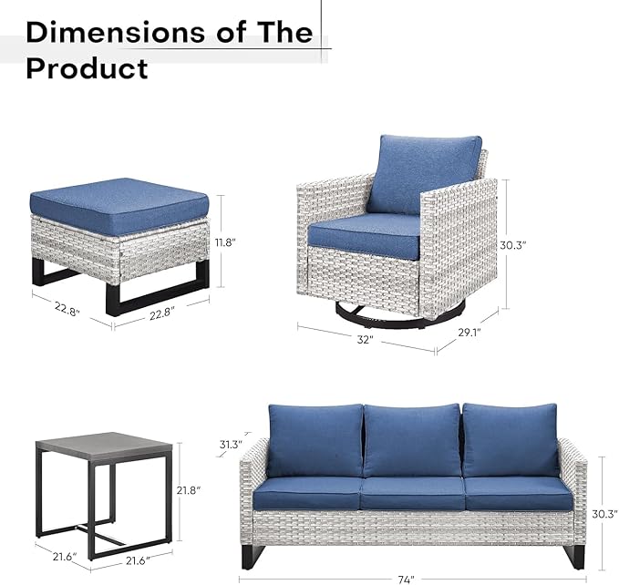 Wicker Patio Furniture Set, 6 PCS Outdoor Patio Furniture Set with Swivel Chairs, Includes 2 Swivel Patio Chairs, 1 Outdoor Couch, 1Side Table and 2 Ottoman, Light Beige/Blue