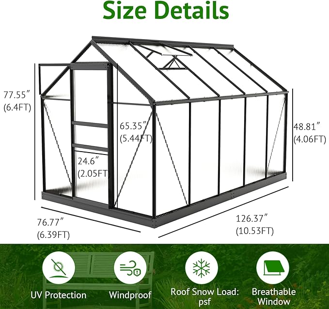10x6ft Polycarbonate Greenhouse, Heavy Duty Walk-in Aluminum Greenhouse for Outdoors, Plants Backyard，with Ventilation Window, Rain Gutter, Sliding Door Black
