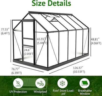 10x6ft Polycarbonate Greenhouse, Heavy Duty Walk-in Aluminum Greenhouse for Outdoors, Plants Backyard，with Ventilation Window, Rain Gutter, Sliding Door Black