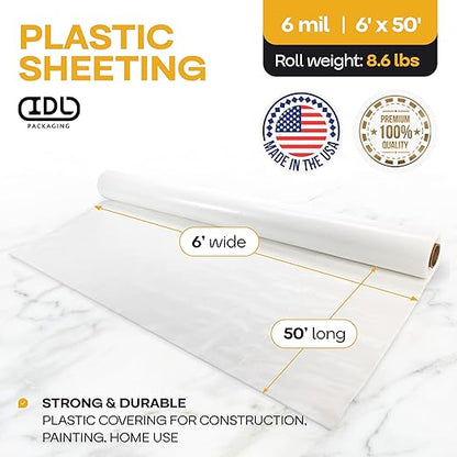 Plastic Sheeting 6 mil, 6' x 50' (300 sq. ft.) - Thick Semi-Clear Plastic Sheeting for Construction, Painting - Heavy Duty LDPE Film Roll - Vapor Barrier Semi-Clear Roll of Plastic by IDL Packaging