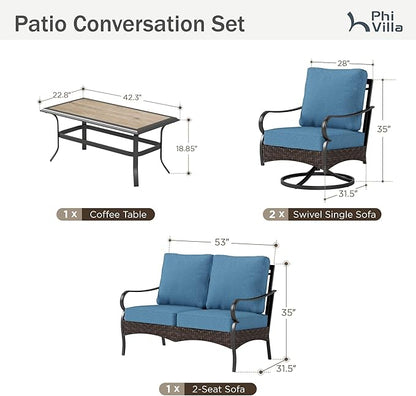 PHI VILLA Outdoor Porch Furniture Set, Upgraded Wicker&Metal Deep Seating Patio Furniture Conversation Set with Waterproof Thick Cushions for Balcony, Deck, and Yard (4 Pieces,Navy)